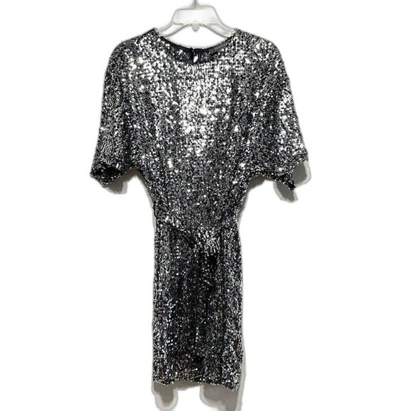 Primark Dress Full Sequin Flowy Summer Party Silver Black Belted Womens sz 8 - Picture 1 of 10